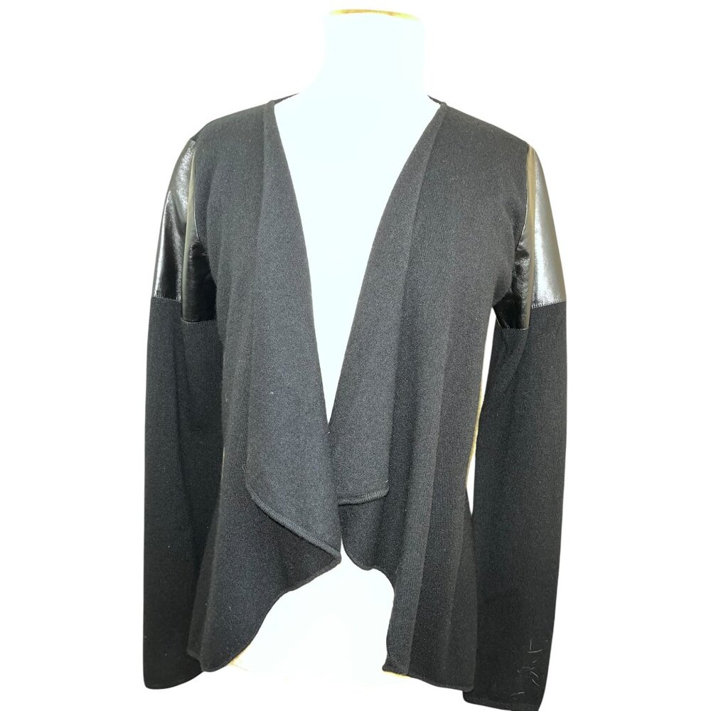 AS By DF 100% Cashmere Black Open Front Cardigan Faux Leather Sleeves M Anthropo